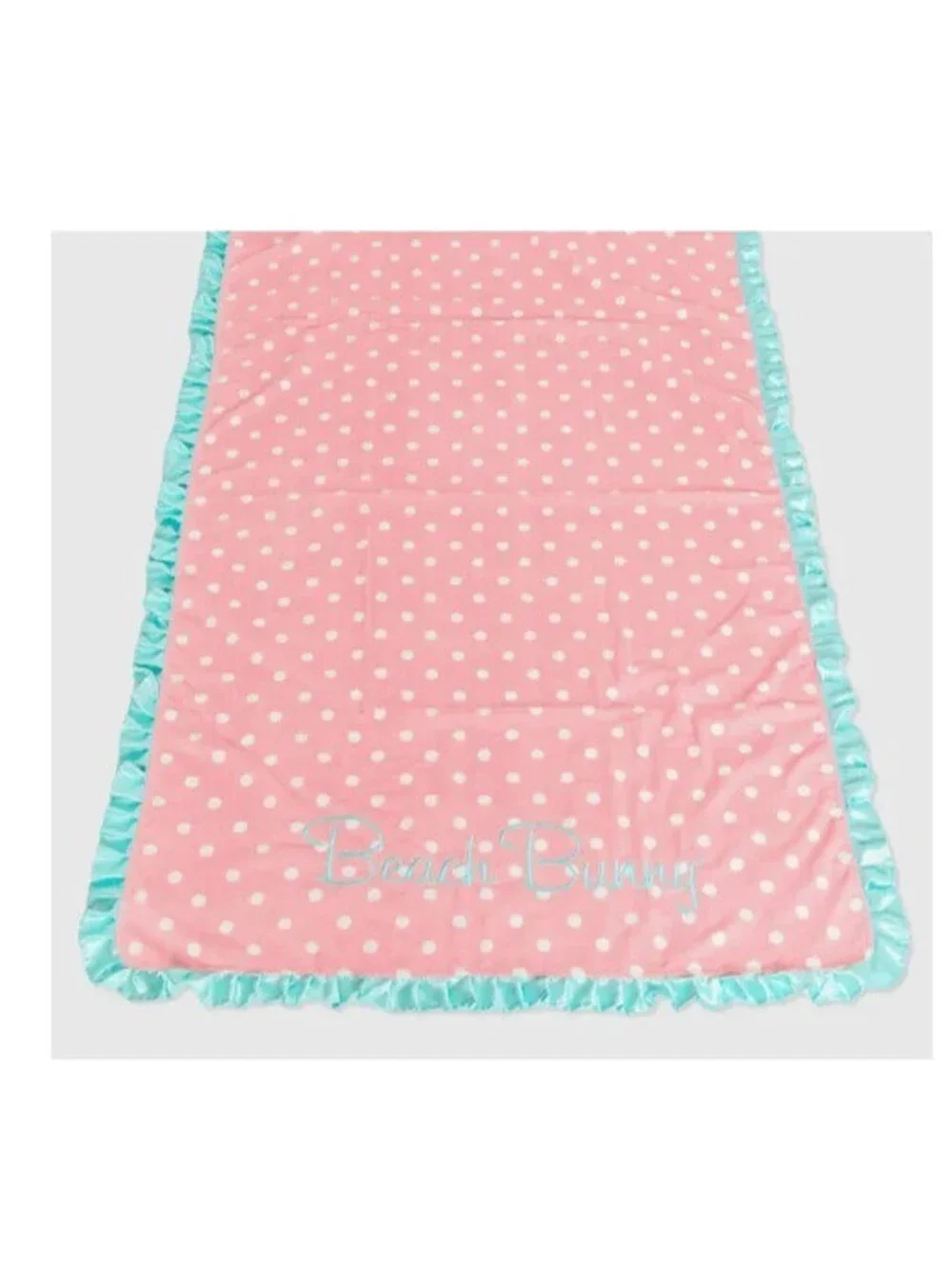 BEACH BUNNY PINK & WHITE POLKA DOT BEACH TOWEL WITH AQUA BLUE RUFFLE SATIN TRIM